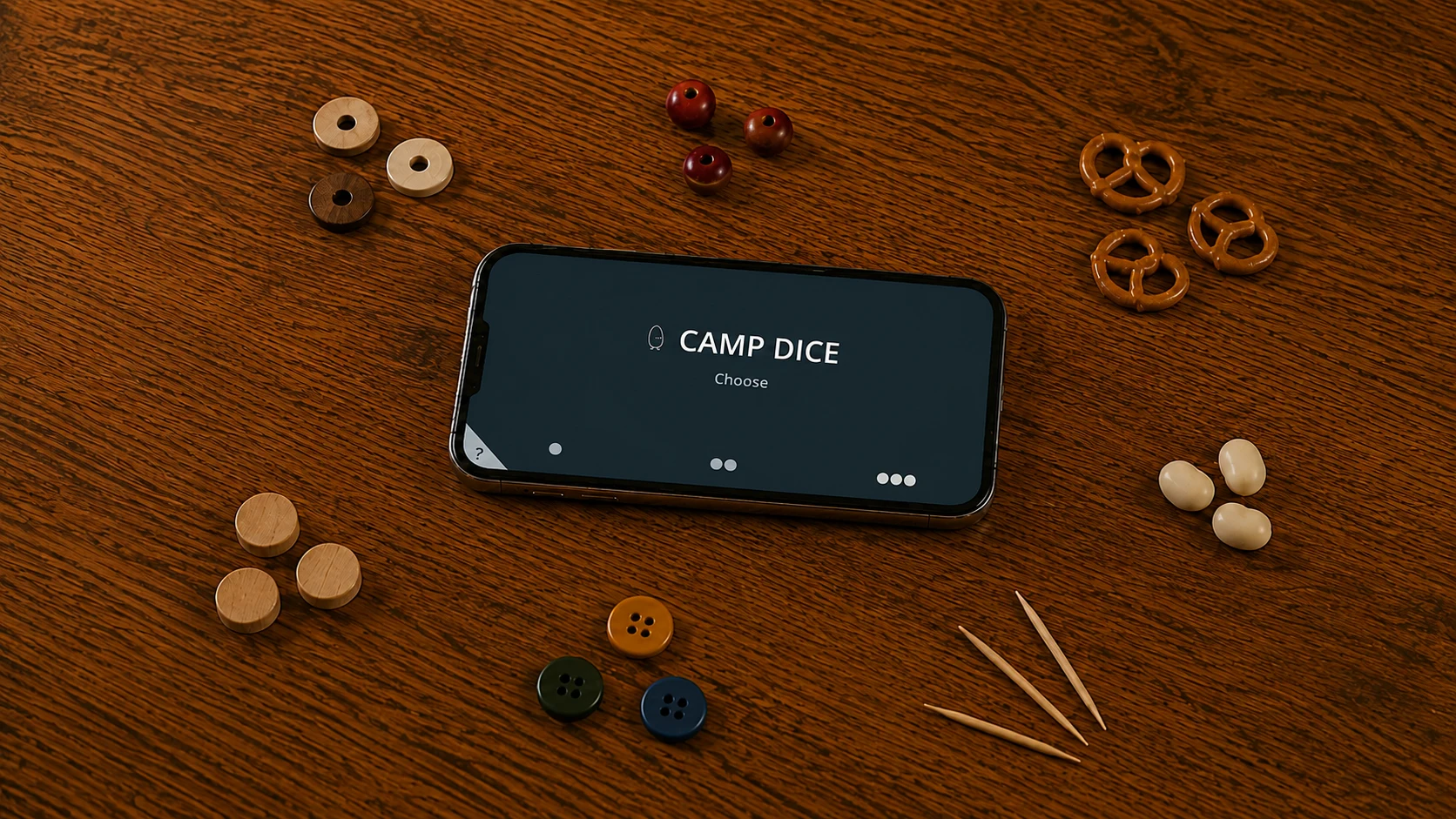 Camp Dice ready to roll on a phone lying among game pieces on a wooden table.