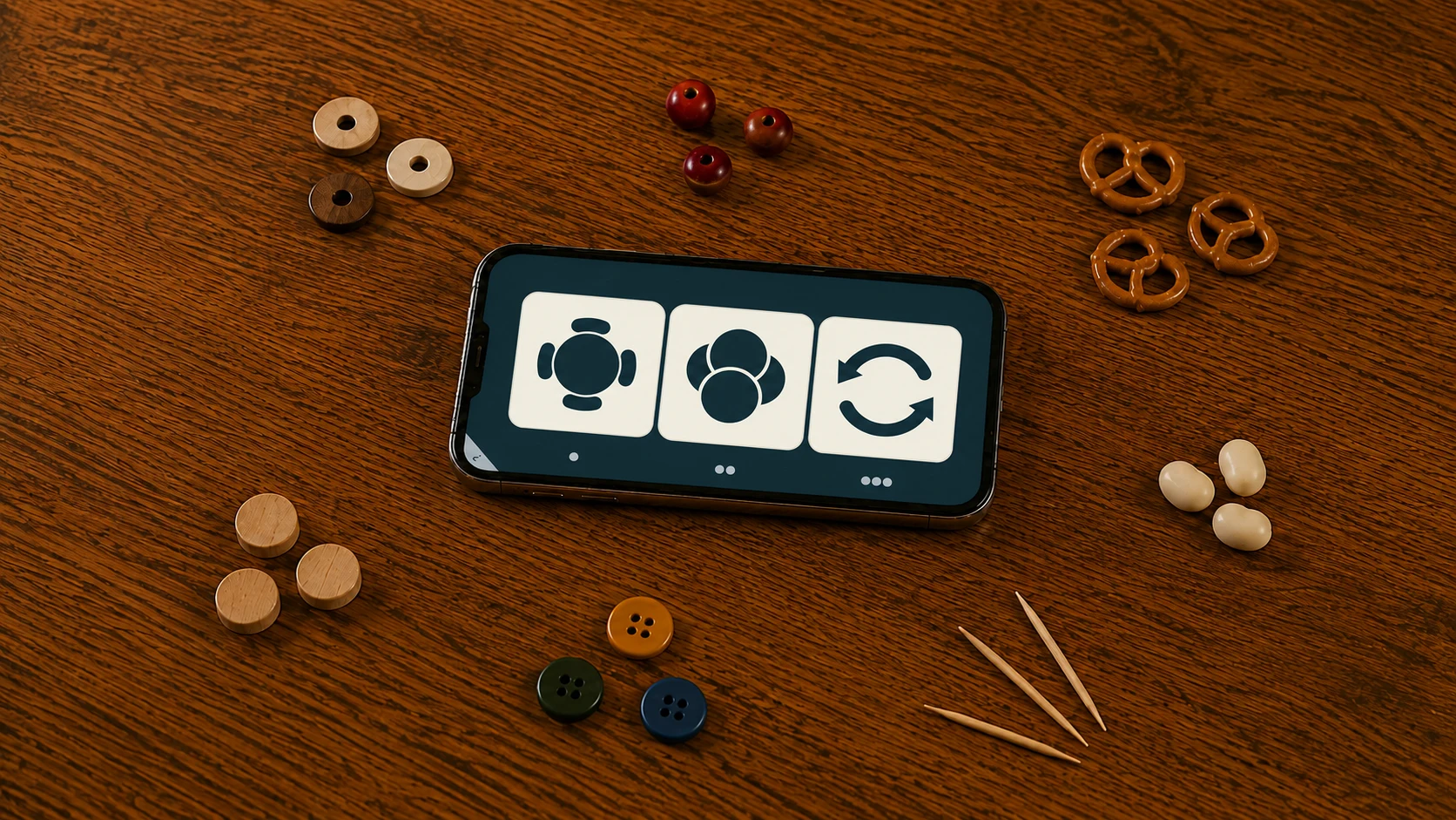 Camp Dice on a phone lying flat on a wooden table, showing Keep, Center, and Pass Left results.